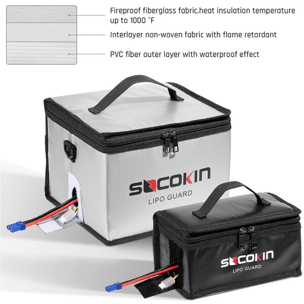 Socokin Lipo Battery Safe Bag Fire and Explosion Proof - 2 Pack (Large & Small) - Picture 3 of 5